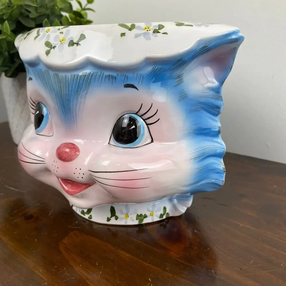 Vintage 50s Lefton Miss Priss Blue Cat Planter Vase Cookie Jar Base Kitsch #1502